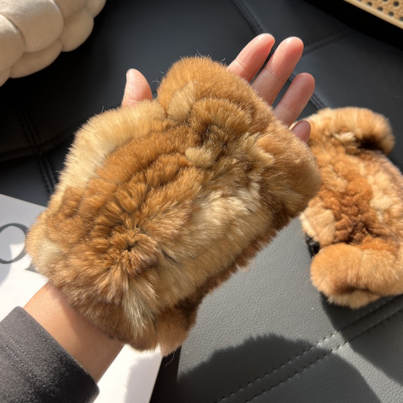 Touch Screen Gloves - Real Rex Rabbit Fur Half-Finger Gloves