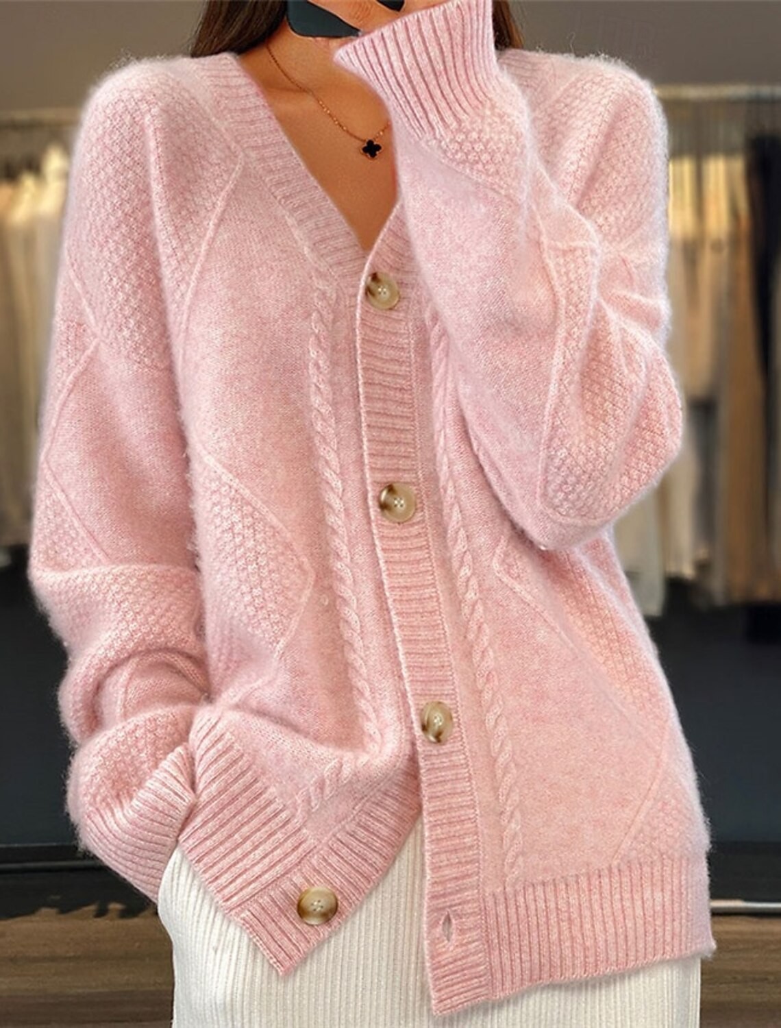 Women V Neck Cable Knit Cardig - Down Jacket Packable recensione e prezzo
